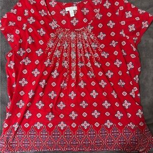 Charter Club Red Short Sleeve Pleated Neck Top with Paisley Motif